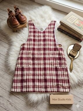 Max Studio Burgundy Plaid Pinafore Dress for Girls
